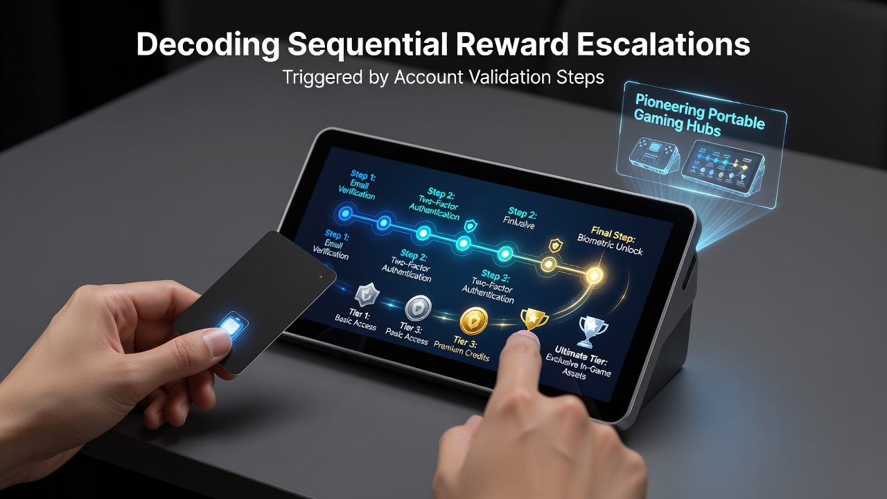 Mobile gaming interface showing account validation prompts and reward tiers on a portable device