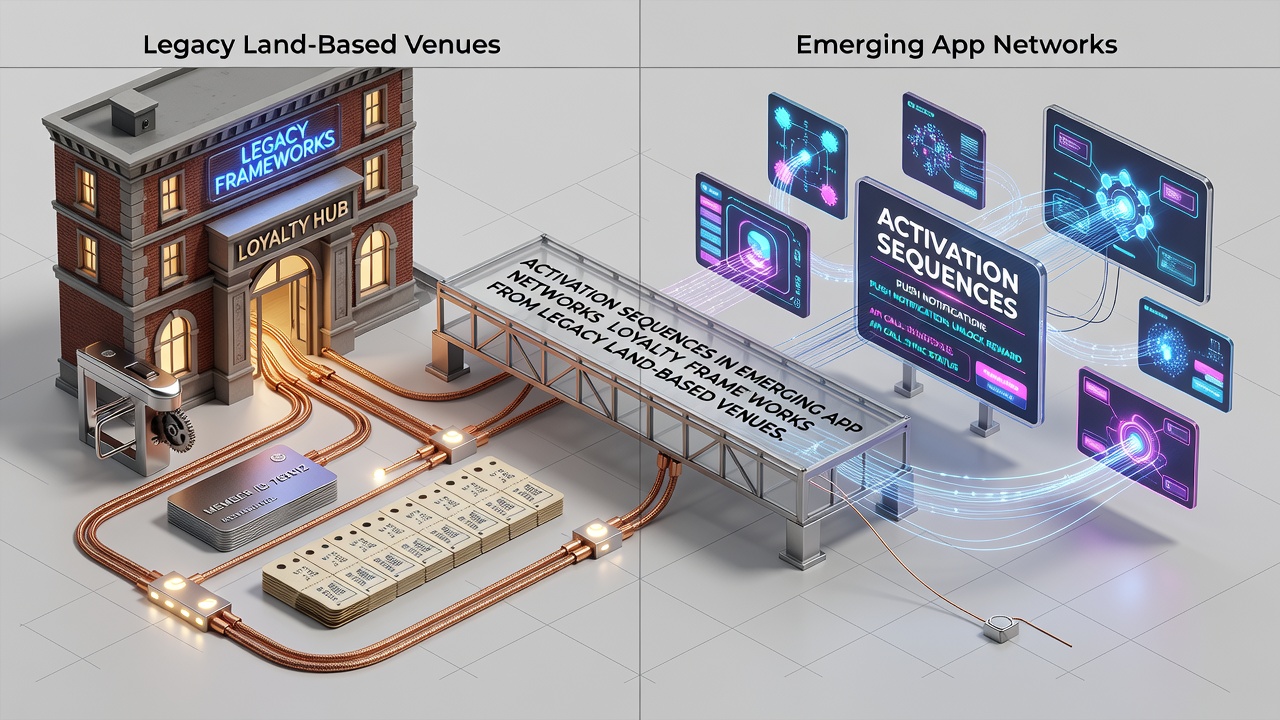 Comparison of digital app interfaces and traditional casino loyalty cards showing parallel reward progression systems