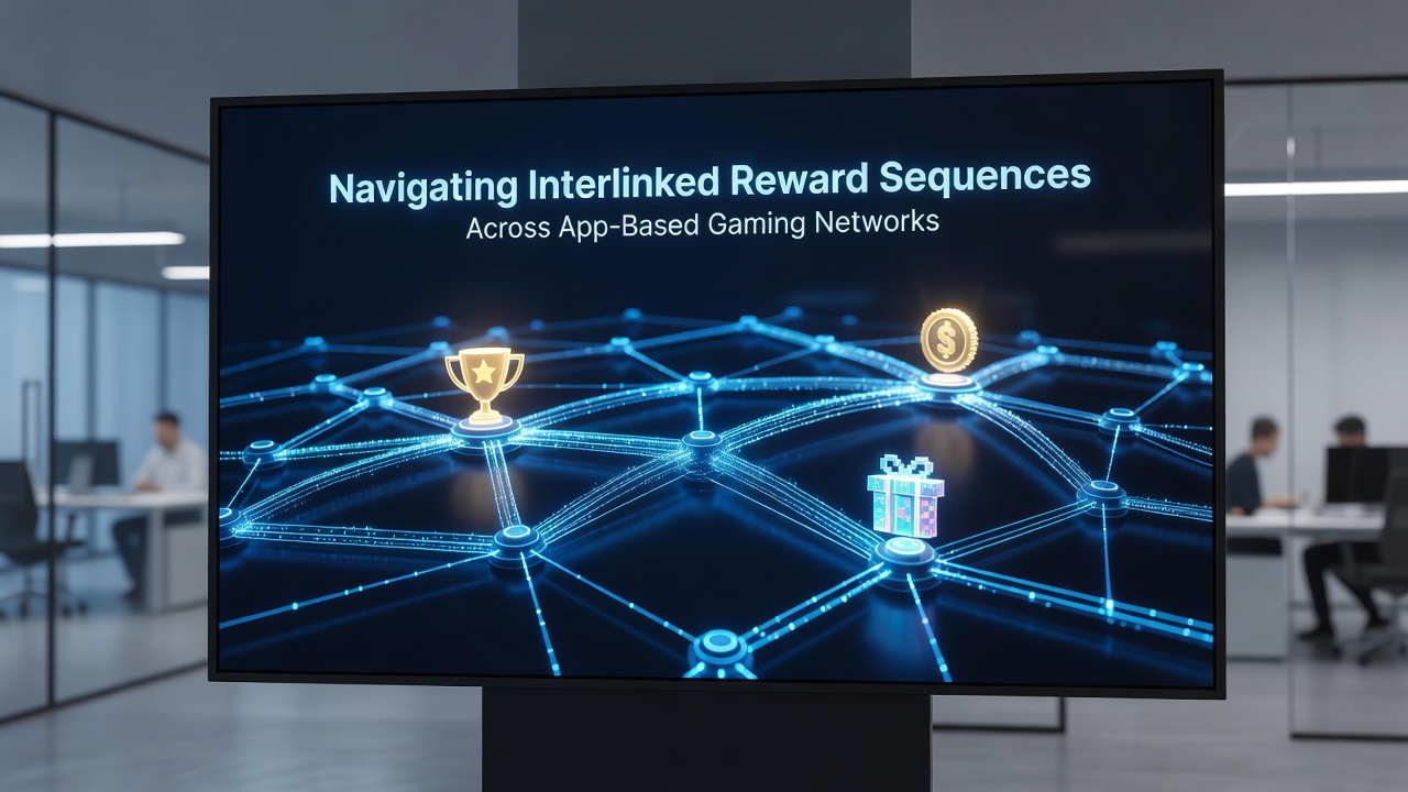 Mobile device screen displaying linked reward dashboards and progression tracking across gaming apps