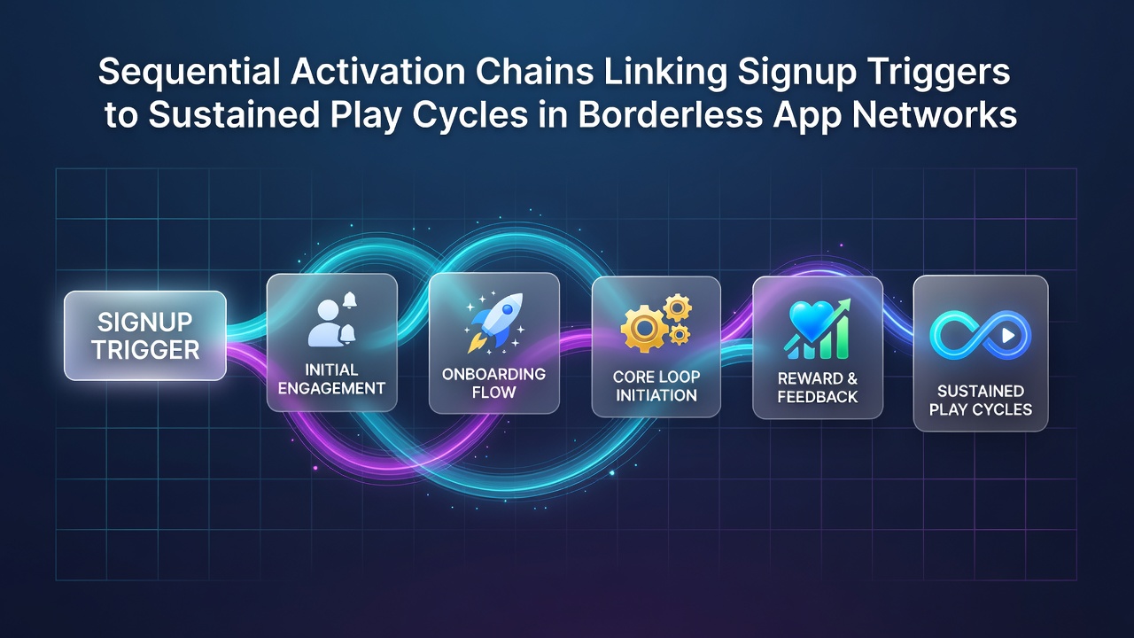 Flow diagram illustrating sequential activation chains from signup triggers through verification and reward layers to sustained play cycles in global app networks
