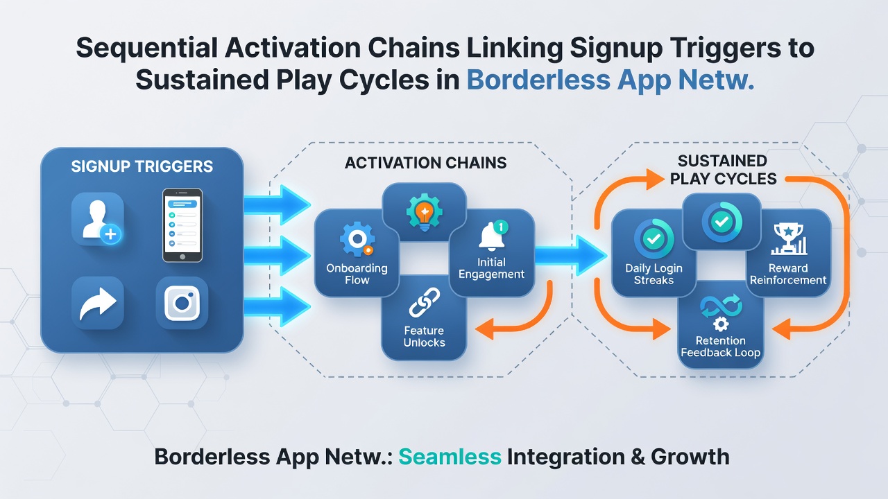 Visualization of borderless app network infrastructure showing connected nodes for signup triggers, verification layers, and sustained play retention metrics